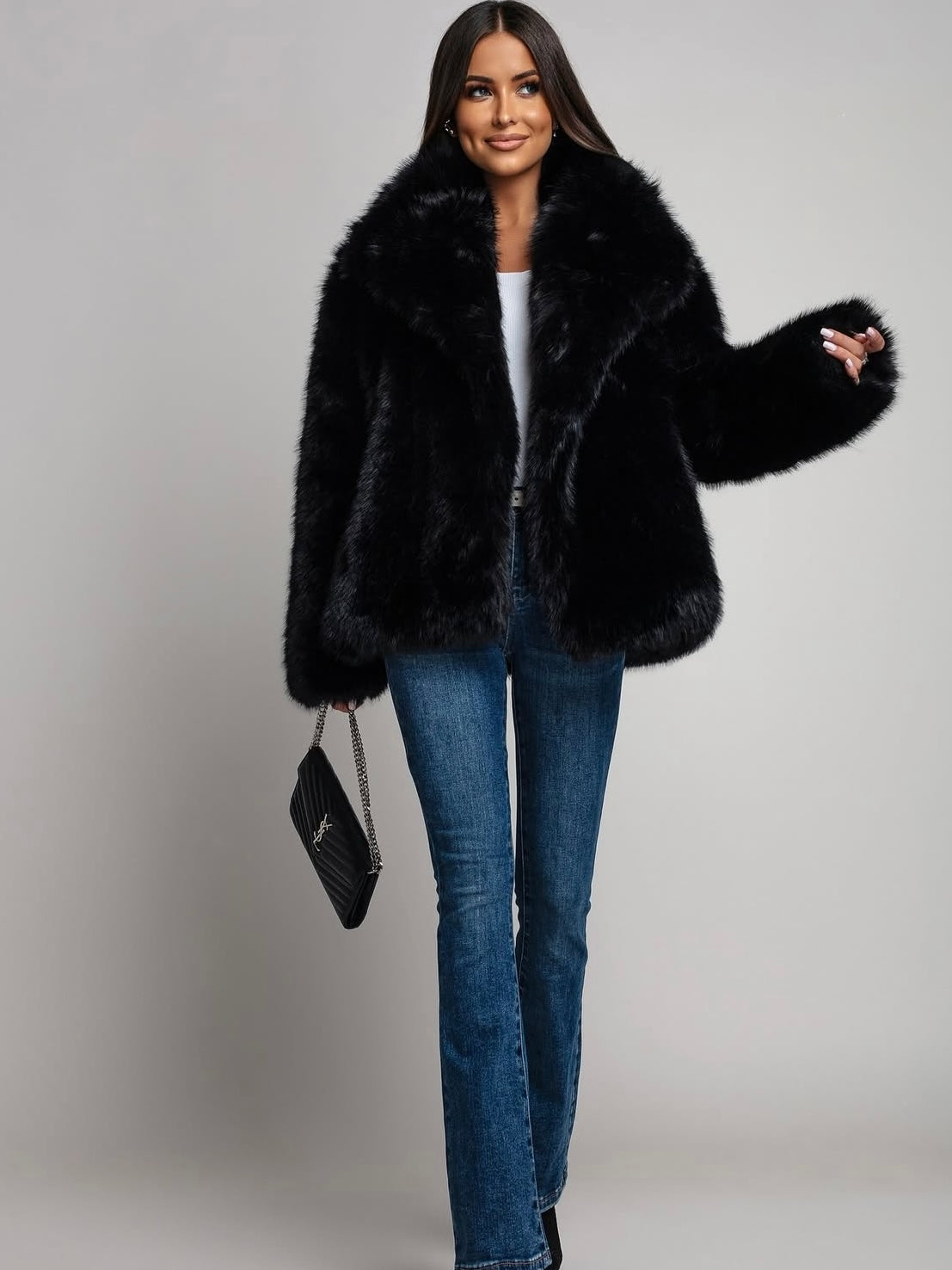 NEVARA™ | Luxe Black Faux Fur Jacket